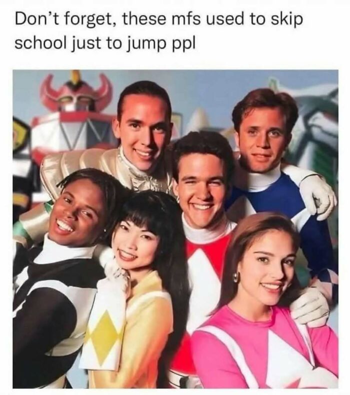 Group of six young adults in colorful Power Rangers costumes smiling, reflecting nostalgia and memes from the 80s 90s and 00s.