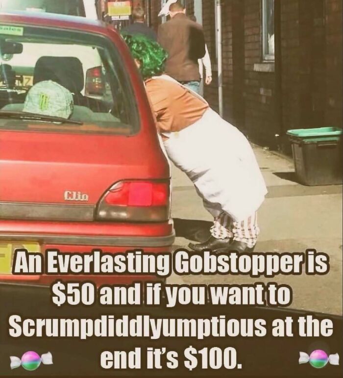 Person in green wig leaning on a red car with humorous text celebrating the good old 80s candy prices.