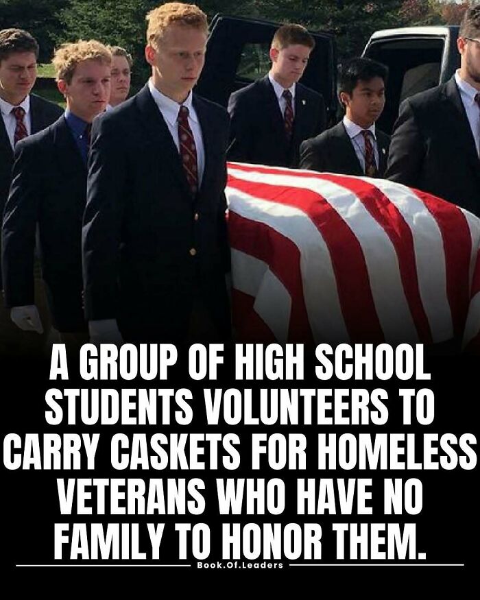 Group of high school students volunteering to carry caskets for homeless veterans teaching stories and facts.