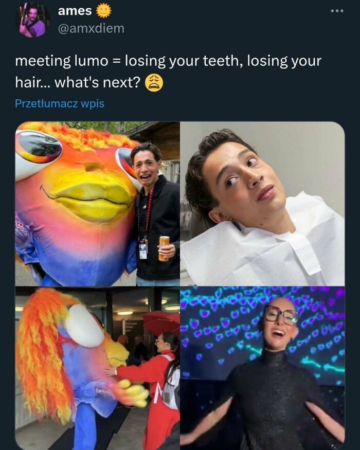 Four-panel meme showing a man posing with a colorful fish costume, a man in a dental chair, and a person in glasses dancing, mocking Eurovision 2025.