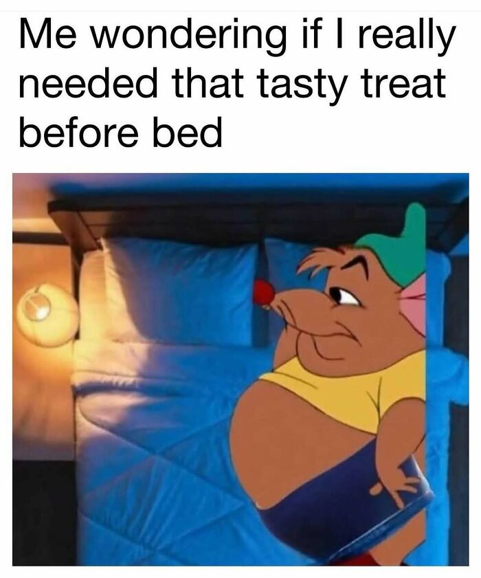 Relatable meme showing a cartoon character lying in bed, thinking about avoiding responsibilities with a tasty treat.