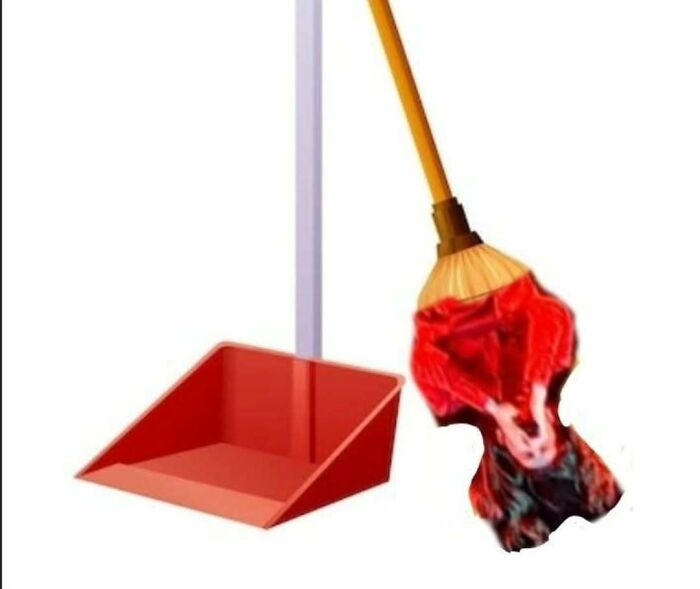 Broom and dustpan with a distorted figure stuck on the broom, illustrating a funny meme about Eurovision song contest 2025.