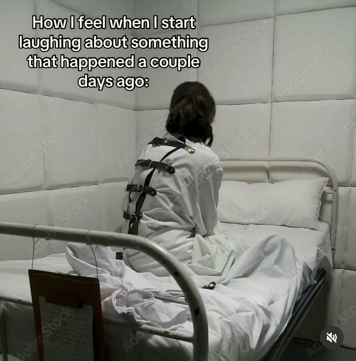 Person in a straitjacket sitting on a padded bed in a padded room, illustrating memes for days about avoiding responsibilities.