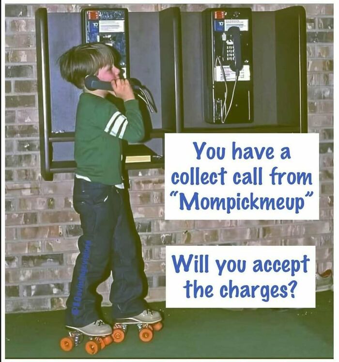 Child on roller skates using a payphone, highlighting nostalgia from posts celebrating the good old 80s.