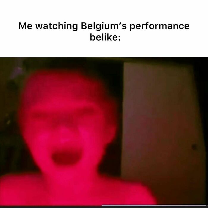 Person with red light reacting intensely, illustrating a funny moment from 2025 Eurovision Song Contest memes.