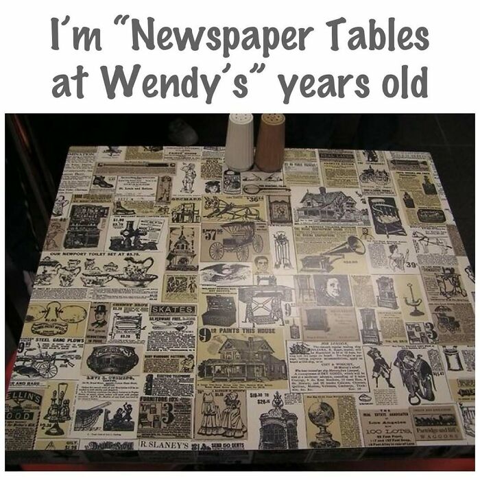Vintage newspaper table at Wendy’s shown in a nostalgic post from an IG account celebrating the good old 80s era.