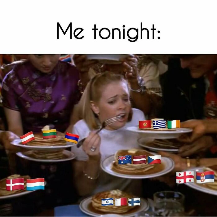 Woman overwhelmed with multiple plates of pancakes, each marked with Eurovision Song Contest 2025 country flags, meme style.