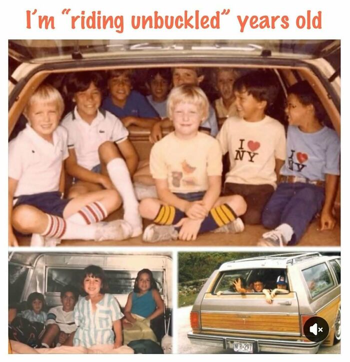 Group of kids riding unbuckled in a wood-paneled station wagon, vintage style capturing good old 80s nostalgia.