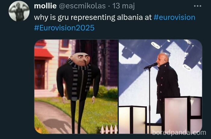 Meme comparing Gru from Despicable Me to a man singing at Eurovision 2025, highlighting humorous Eurovision memes.