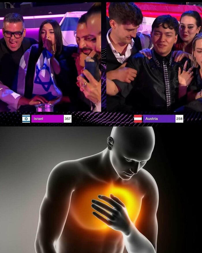 Eurovision Song Contest 2025 voting reactions from Israel and Austria fans with animated heart pain illustration below.