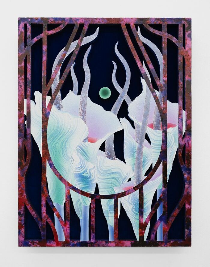 Abstract glowing garden artwork featuring ethereal trees and a floating green orb in a parallel universe setting by Mevlana Lipp.