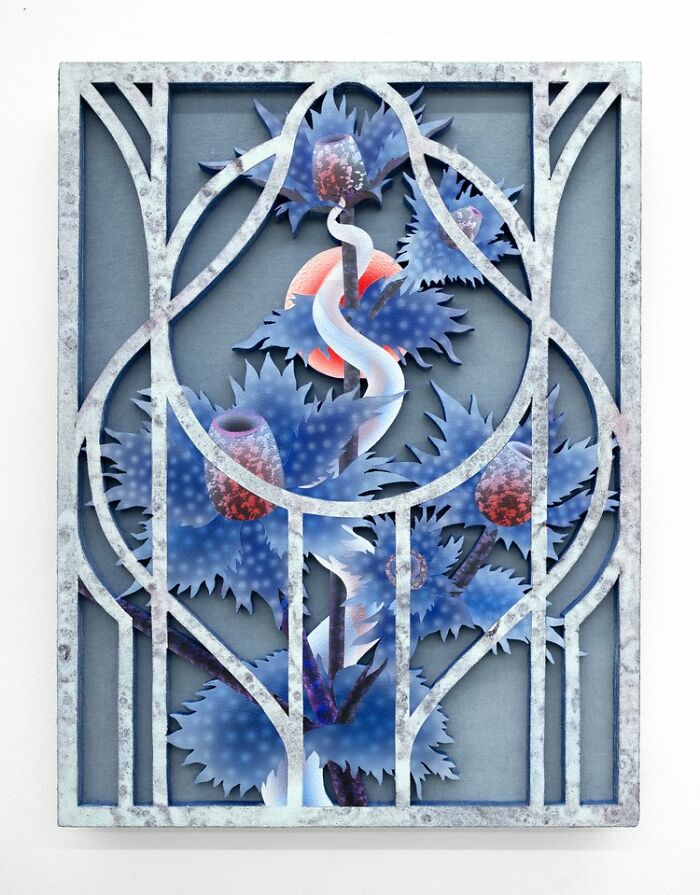 Artwork featuring glowing blue flowers and abstract shapes within a metal frame from glowing gardens art series