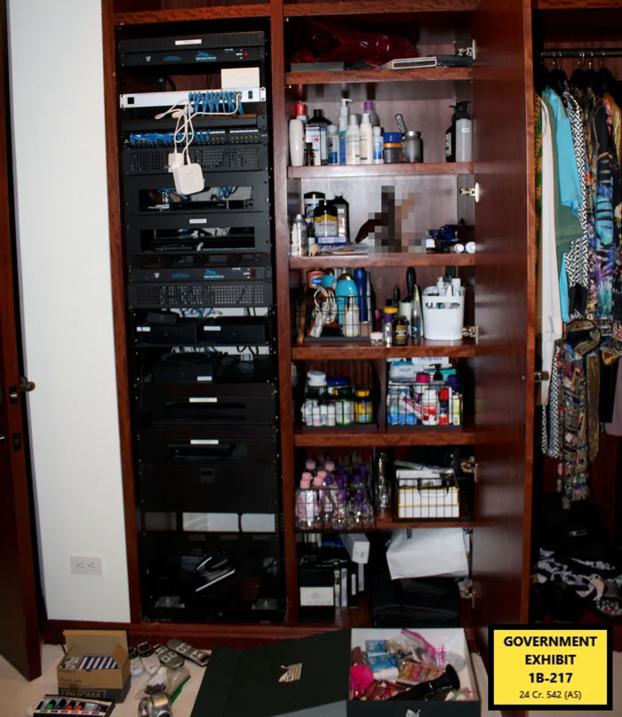 Closet shelves with various personal items and electronics seized as disturbing evidence in Diddy trial Miami mansion raid.