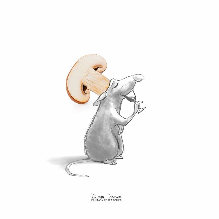 Creative illustration transforming an everyday rat into a chef with a mushroom as a hat in a unique artwork.