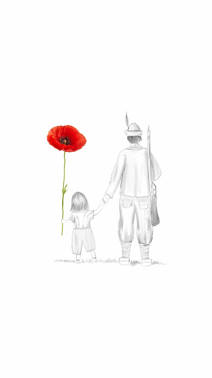 Illustration transforming a large red flower held by a child walking with a soldier, showcasing creative everyday object art.