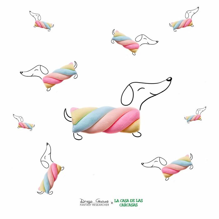 Creative illustrations transforming marshmallow twists into playful dog shapes in a whimsical, everyday object art style.