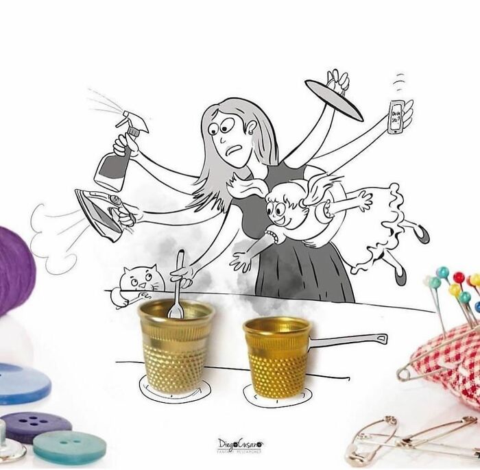 Creative illustrations transforming everyday objects into new scenes featuring a busy multitasking woman with child and cat.