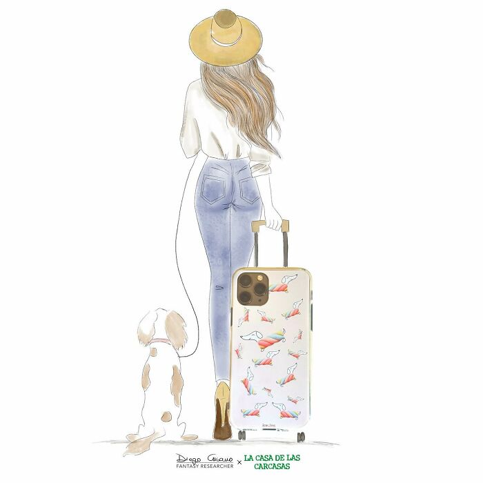 Illustration of a woman walking a dog while pulling a suitcase designed like a smartphone, creative everyday object art.