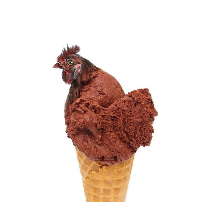 Creative illustration showing a chicken morphing from a chocolate ice cream scoop on a waffle cone, transforming everyday objects.