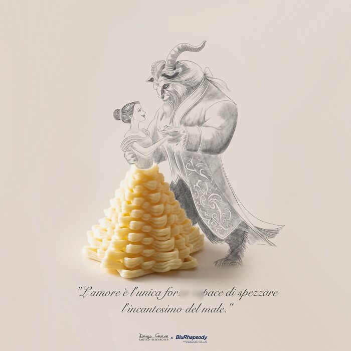 Illustration creatively transforming pasta into a dress in a unique artwork blending everyday objects and fantasy.