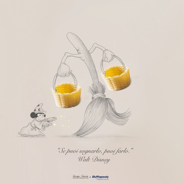 Creative illustration transforming a broom with baskets as arms and a magical character casting a spell.