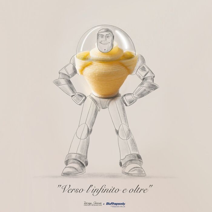 Creative illustration transforming a banana peel into a robot figure with a detailed sketch and a helmet.