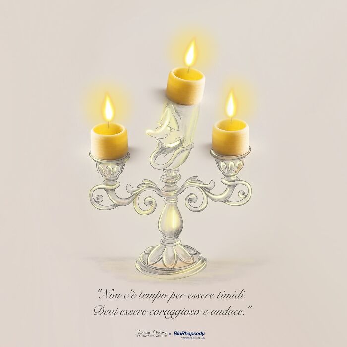 Creative illustration showing a candelabra with animated candles transforming everyday objects into new art.