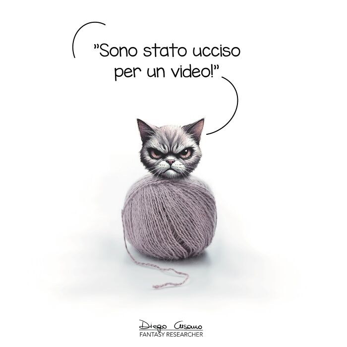 Creative illustration transforming a ball of yarn into a cat with an expressive face, blending everyday objects in art.