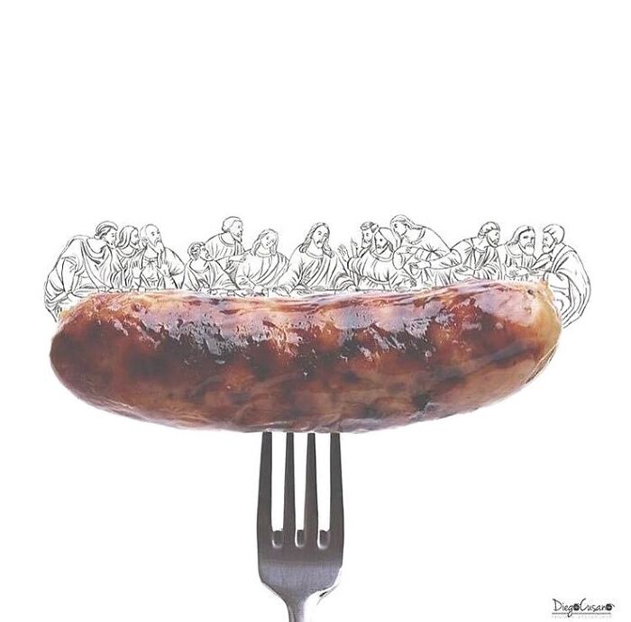 Creative illustration showing a sausage on a fork with a sketch of people resembling The Last Supper above it.