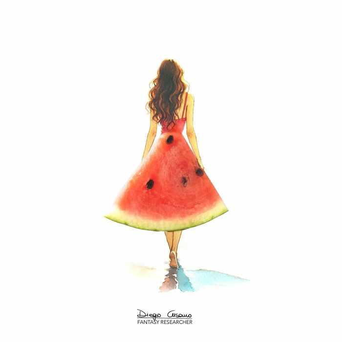 Creative illustration of a woman wearing a dress transforming into a watermelon, showcasing everyday objects in new ways.