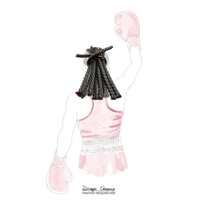 Illustration of a boxer with hair transformed into twisted ropes, showcasing creative illustrations transforming everyday objects.