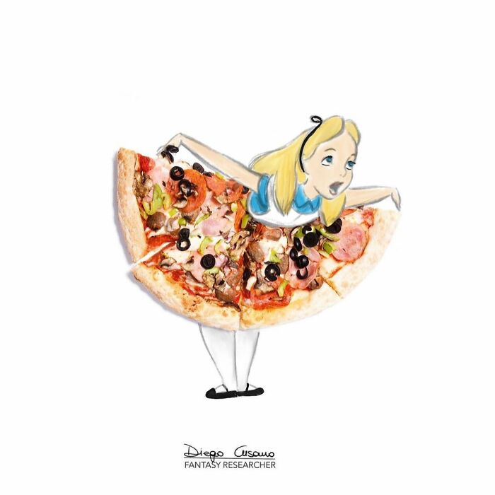 Creative illustration of a girl wearing a pizza slice as a skirt, transforming an everyday object into something new.