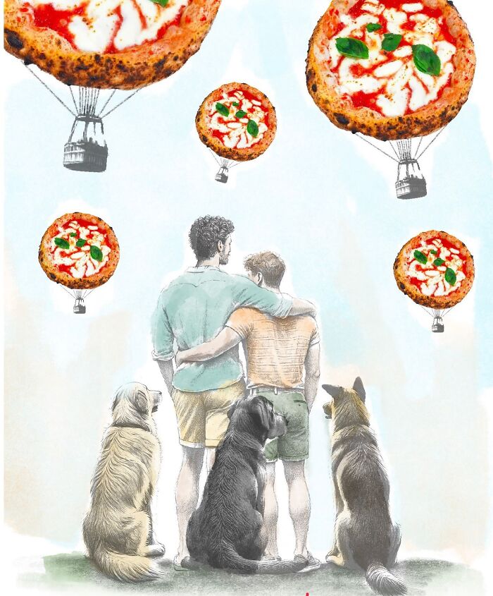 Illustration showing hot air balloons made of pizzas floating above two men and three dogs, creatively transforming everyday objects.