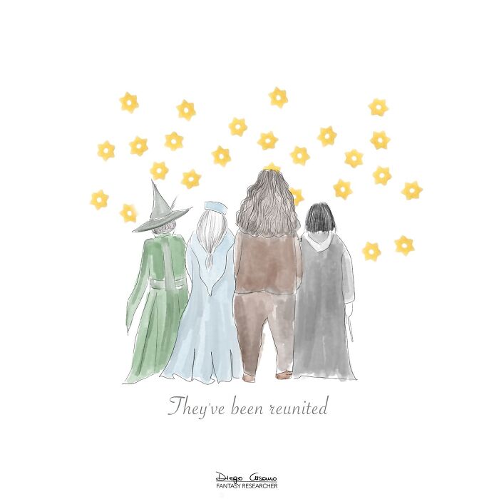 Illustration of four characters from behind surrounded by yellow stars, showcasing creative illustrations transforming everyday objects.