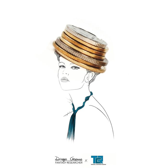 Creative illustration transforming stacked coins into a fashionable hat on a minimalist sketch of a woman.