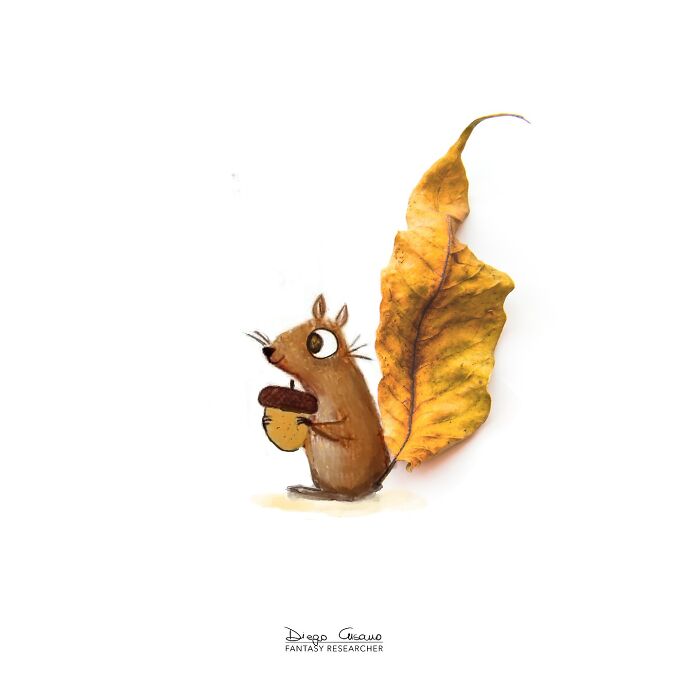 Creative illustration transforming a leaf into a squirrel's tail, turning everyday objects into imaginative art.