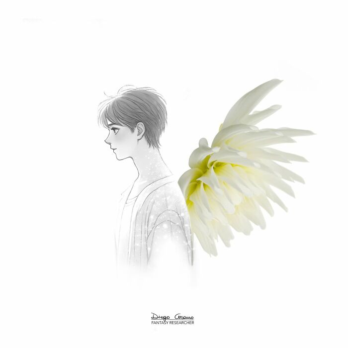 Illustration of a young person with flower petals as wings, creatively transforming everyday objects in art.