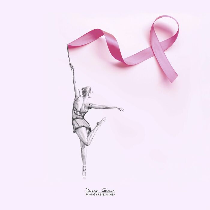 Creative illustration showing a ballerina using a pink ribbon as a dance prop, transforming everyday objects into art.