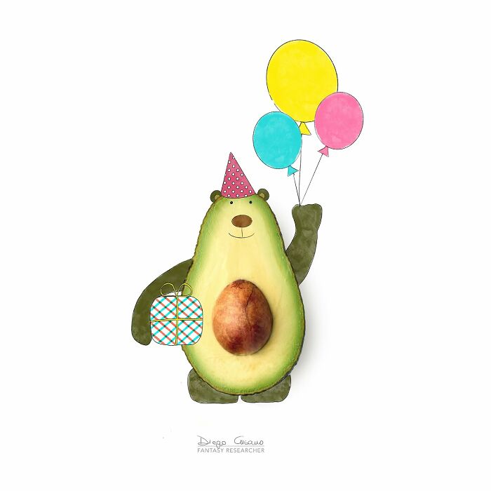 Creative illustration of an avocado transformed into a bear holding balloons and a gift, blending everyday objects uniquely.