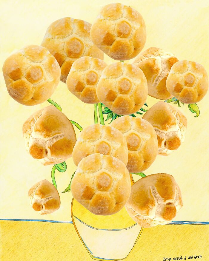 Creative illustrations transforming bread rolls into flowers in a vase, blending everyday objects with imaginative art concepts.