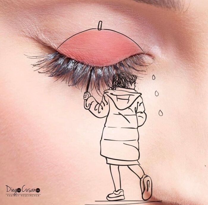 Creative illustration transforming an eyelash into an umbrella held by a drawn figure with tears as raindrops.