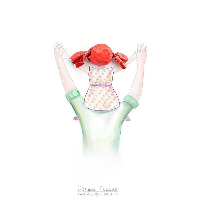 Illustration creatively transforming a candy piece into a girl with red hair and a dress in a playful pose.