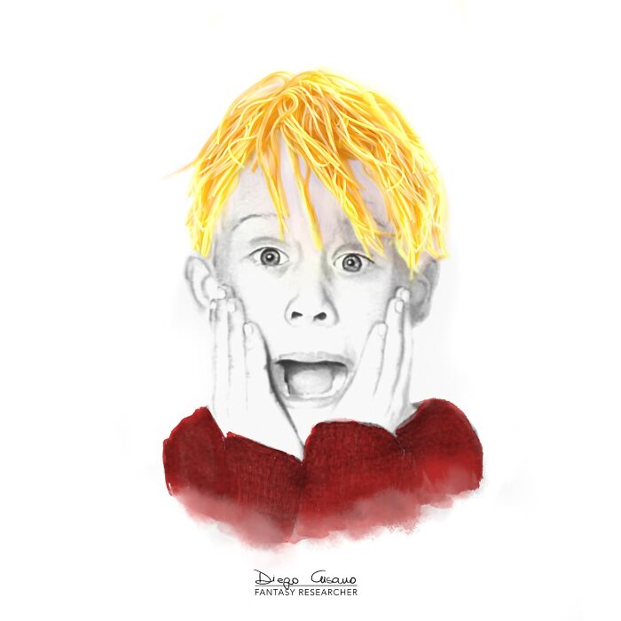 Creative illustration transforms a boy's yellow spaghetti hair and red sweater into a unique everyday object artwork.