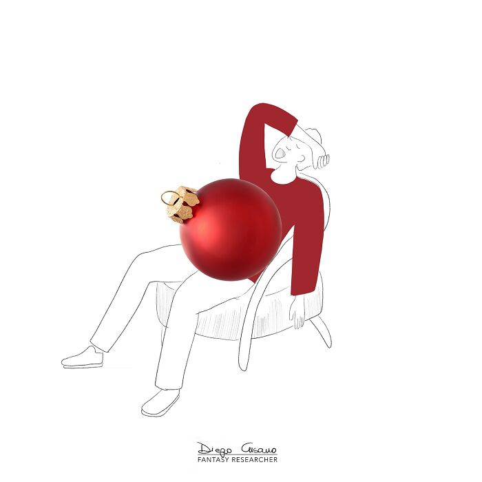 Creative illustration transforming an everyday object with a red Christmas ornament as the person’s torso in a chair.