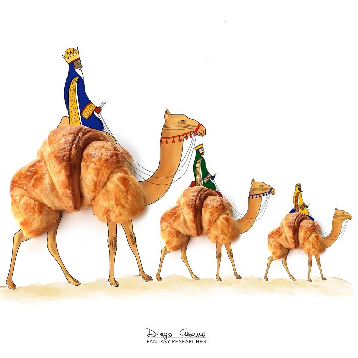 Creative illustrations transforming croissants into camels with riders, blending everyday objects with imaginative art.