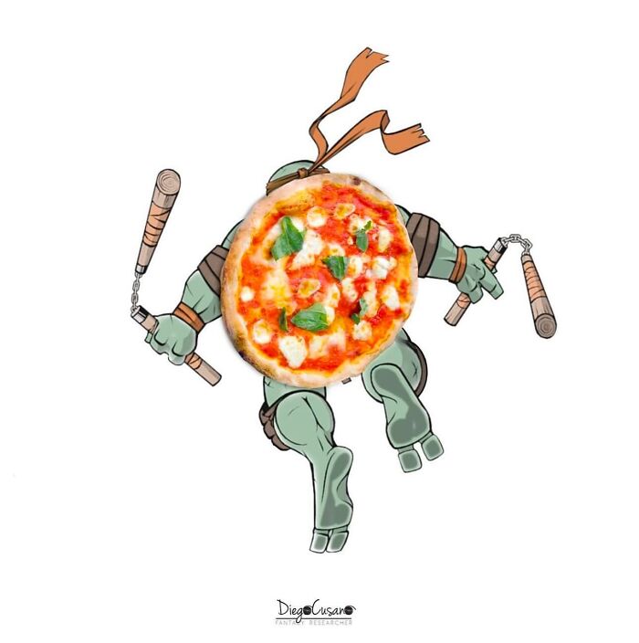 Creative illustration transforming a pizza into a ninja turtle character using everyday objects in a unique artistic style.