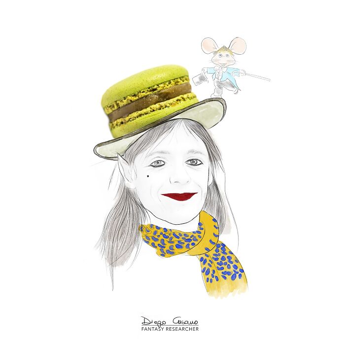 Creative illustration transforming a green macaron into a whimsical hat on a woman's head with a small mouse character.
