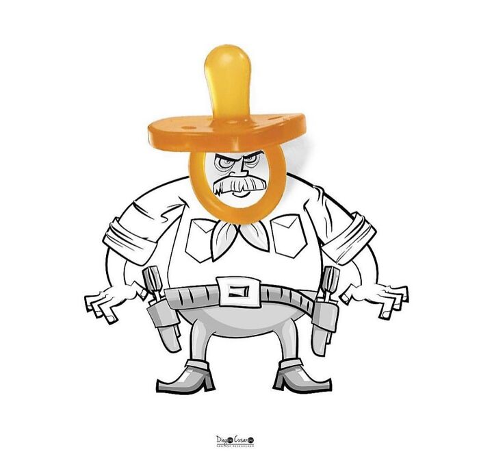 Creative illustration transforming a baby pacifier into a cowboy character with a drawn body and facial expression.
