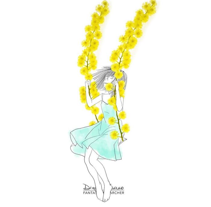 Illustration of a girl swinging on yellow flower branches, a creative transformation of everyday objects by an artist.