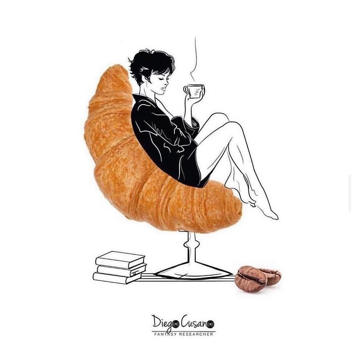 Creative illustration shows a woman sitting on a croissant chair holding a coffee cup with coffee beans nearby.